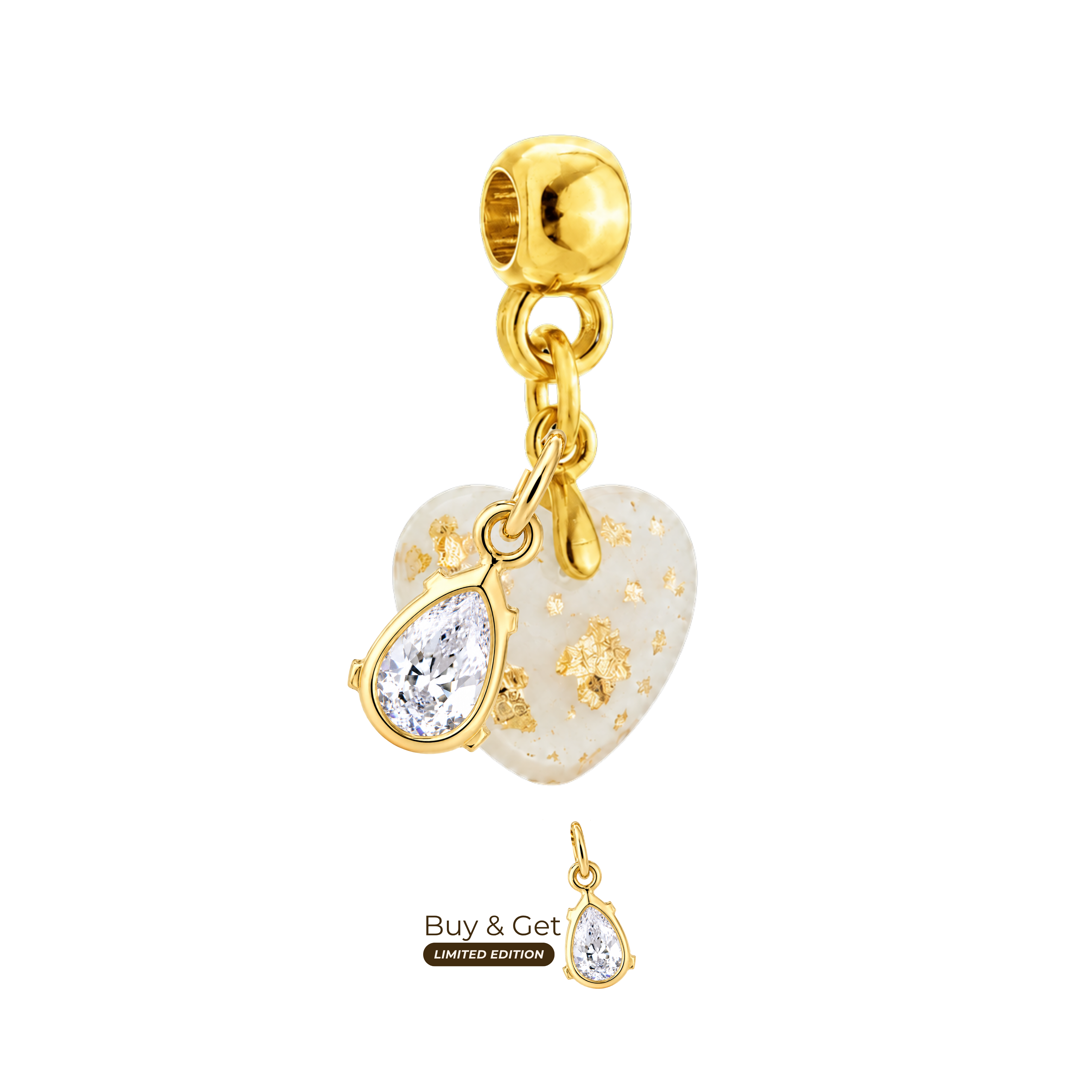 Mini Cuore Paffuto con Foglia d’Oro e Goccia di Zirconia