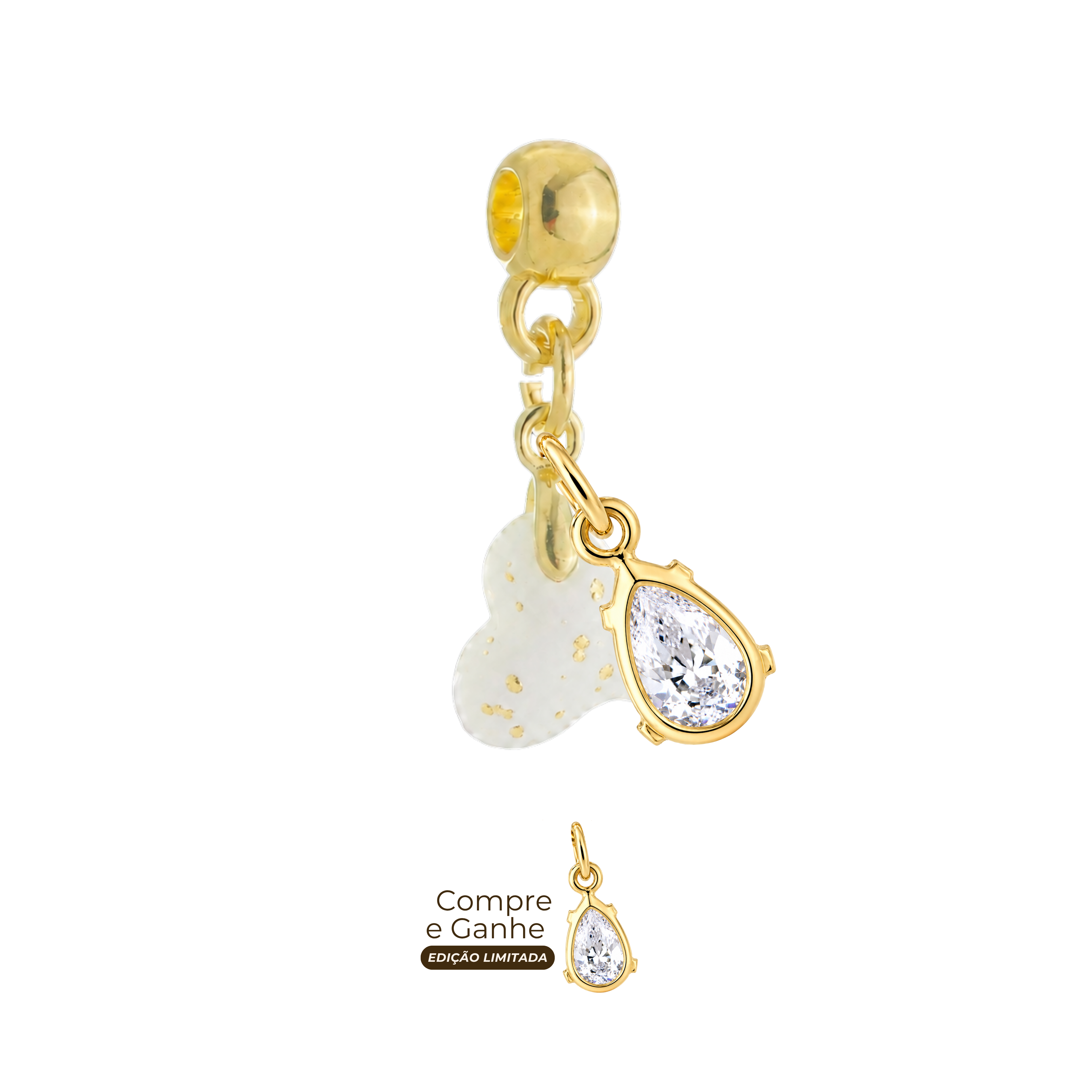 Mini Coração Torcido com Folhas Douradas e Gota Zircônia